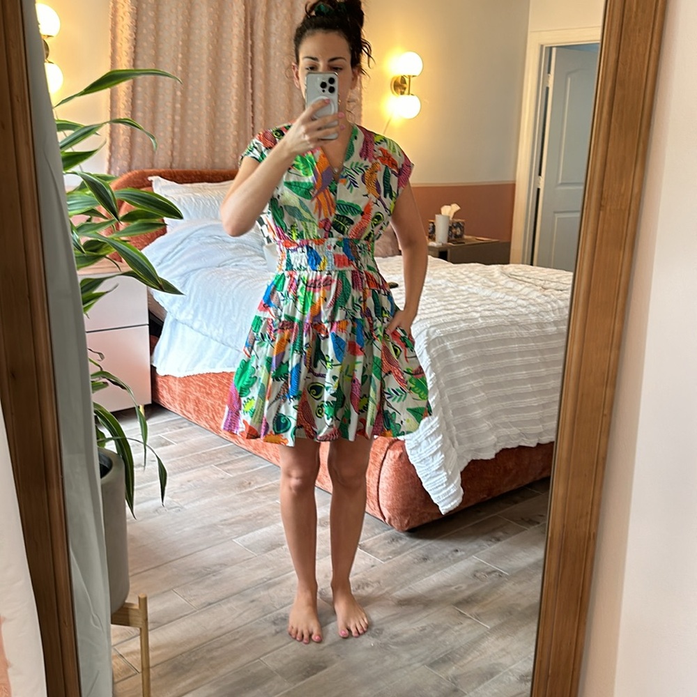 Oliphant smocked waist multi-colored bird print mini dress